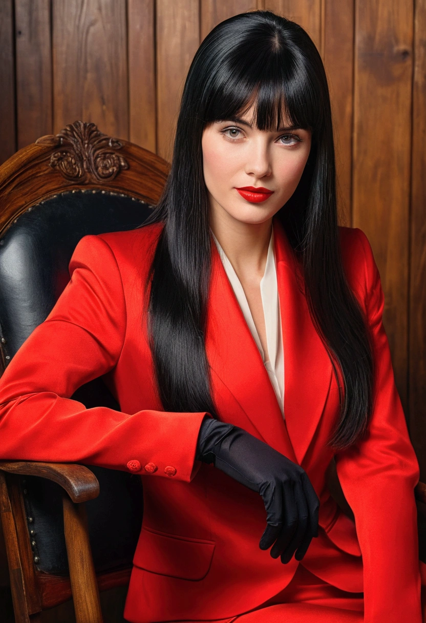 High-quality realistic acrylic art, vivid colors, lateral point of view, a beautiful vintage european woman with long black straight hair, bangs, looking at the viewer with suspicious face and a shy smile, red lips, she wear silk suit, soft gloves, sitting on a fancy wooden chair