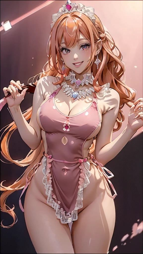 (((masterpiece, super high resolution, ultra HD, 8K quality))), (((((woman in shining hot pink colored evening dress))))), (((See-through revealing dress))), (((((orange pink colored Hair))))) , (((((French updo hair))))), (((beautiful sparkling red eyes, pupils with highlights))), ((long bangs)), pink lips, sexy expression, ((highly detailed)), (perfectly detailed face), (detailed and carefully drawn hands), (((very Big Tits, cute smile))), photorealistic image, silver tiara and earrings, pearl necklace, jade bangle, diamond ring, Beautiful figure from the knees up, standing, beautiful pose
