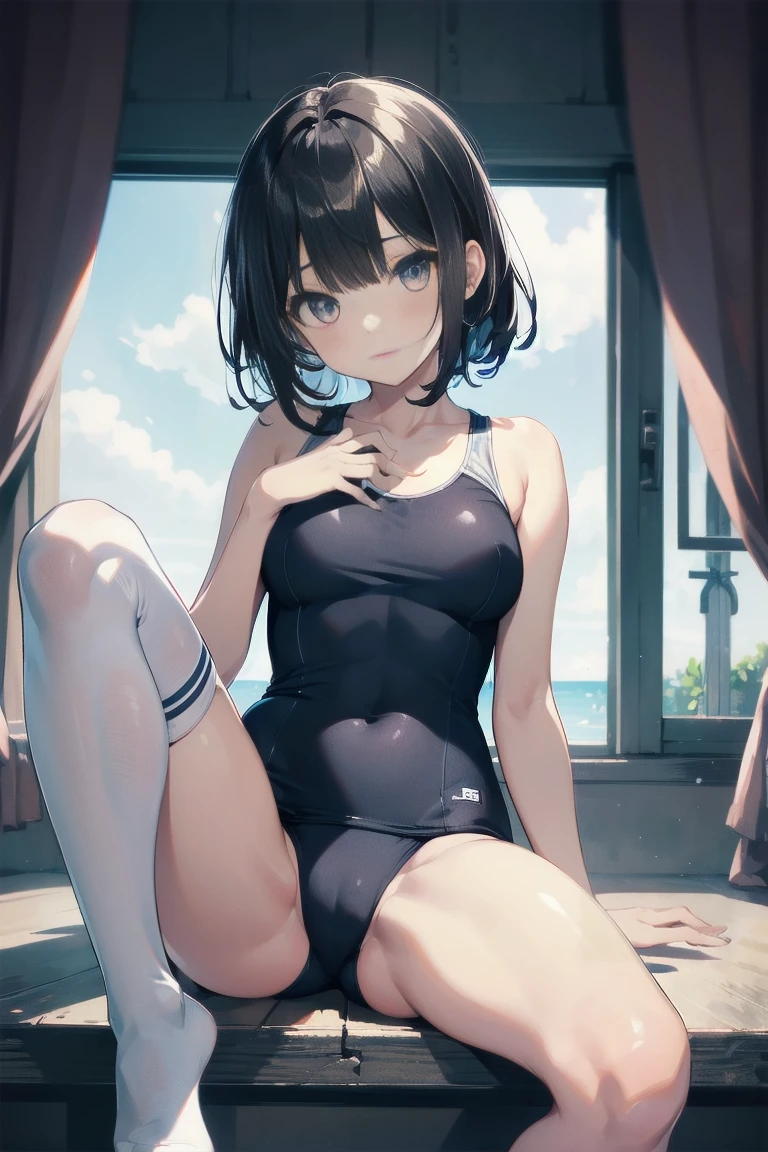 High quality, highest quality, full limbs, ultra high definition, bright eyes, drooping eyes, full hands and fingers, slender beauty, rounded medium breasts, princess cut, black hair, school swimsuit, white skin, knee-high socks knee