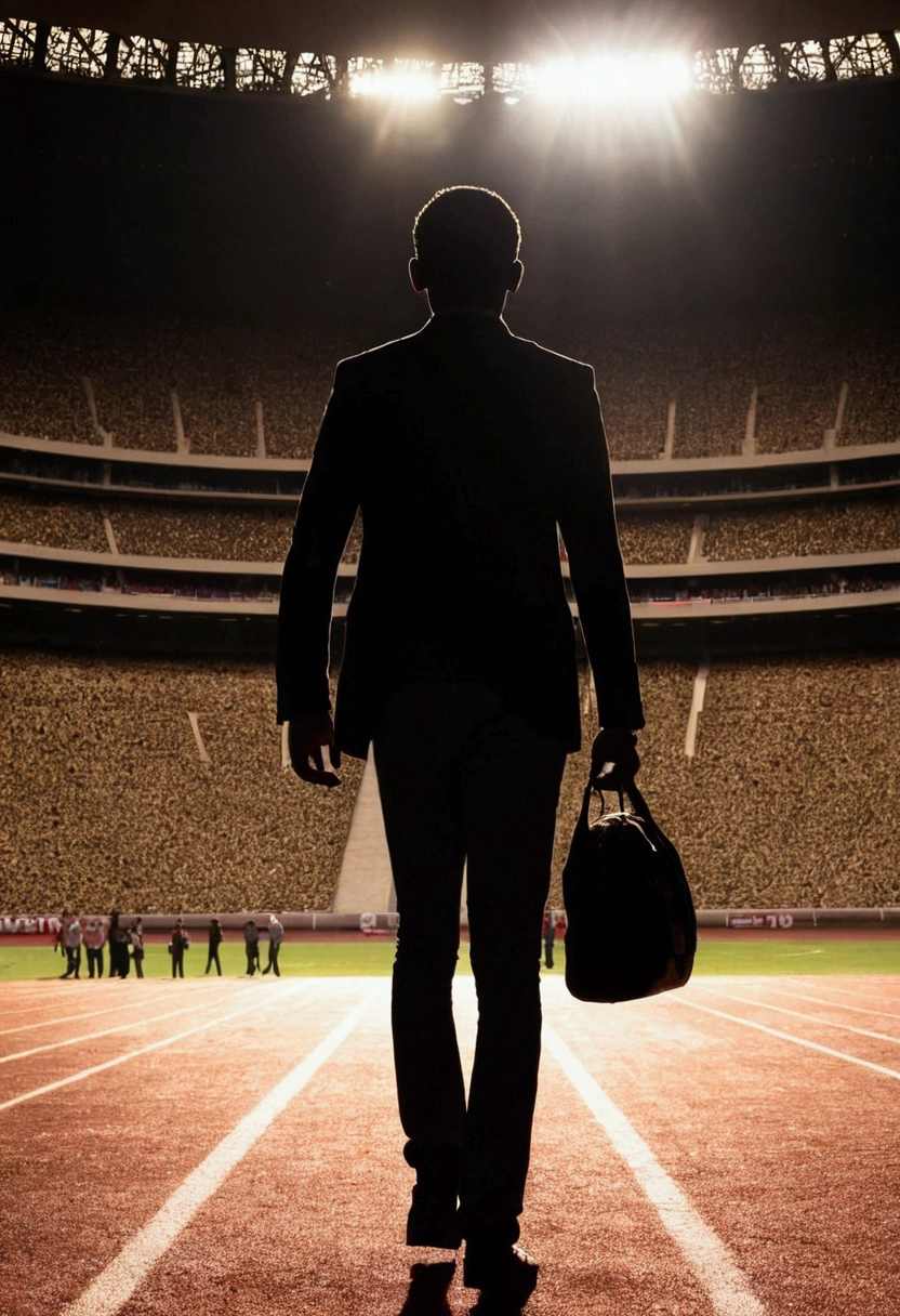 silhouette of a young man, entering a stapaldas stadium, with straight hair