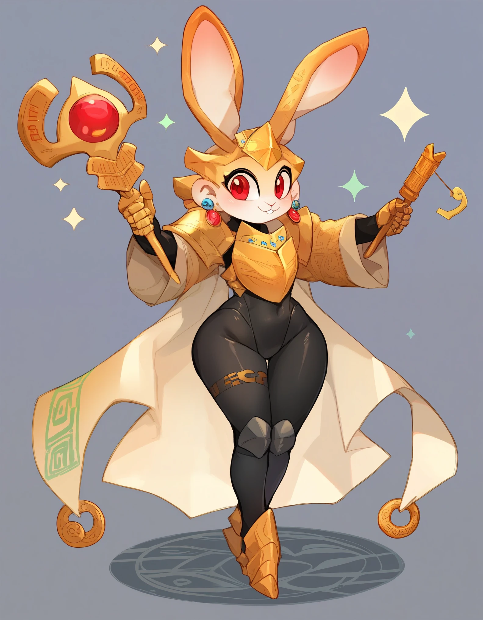 ((masterpiece)),(((Best quality))), full body, Tall slender girl, (Pale strong body:1.7), Amber Wizard, Robe with Arcane Glyphs, Mysterious glyphs cover the mantle, wide hips, broad shoulders, (Body, black tight armored clothing;:1.4), (bunny face:1.5) , (red expressive eyes), Earrings, source_anime,simple background, (blushing:0.5),