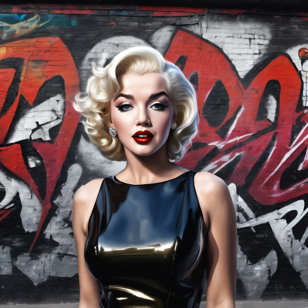 Ya (Best quality, 4K, 8K, high resolution, masterpiece: 1.2), (super detailed, realistic, photorealistic: 1.37) Facebook cover with Marylin Monroe, dressed in a striking metallic black minidress, highlights page name: INVICTUSSTORIES and in the background an urban graffiti mural "Curciva legible letters": "INVICTUSSTORIES" Black black letters "INVICTUSSTORIES" REALISM only uses black red and silver realism color