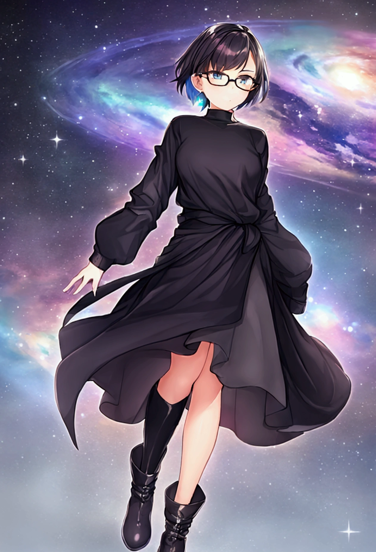 A girl floating in the galaxy, she has short hair, wear glasses, a black skirt and a long black sweatshirt to the waist, She wears black high boots