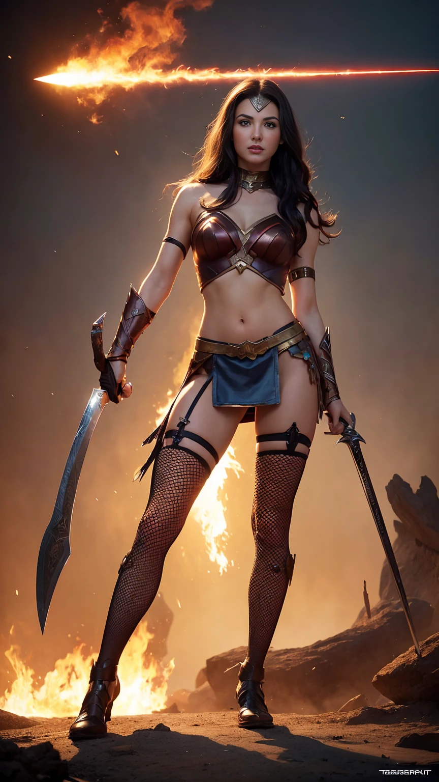 ((Full body photo, standing, feet on the ground)) a woman dressed as a warrior holding a sword, sexy painting of gal gadot, fishnet tights,, tyler edlin fantasy art, fantasy woman, gal gadot as hell lord, zenescope, a very beautiful berserker woman, magali villeneuve', as seen on artgerm, very beautiful female barbarian, artgerm julie bell beeple, 4k fantasy art
