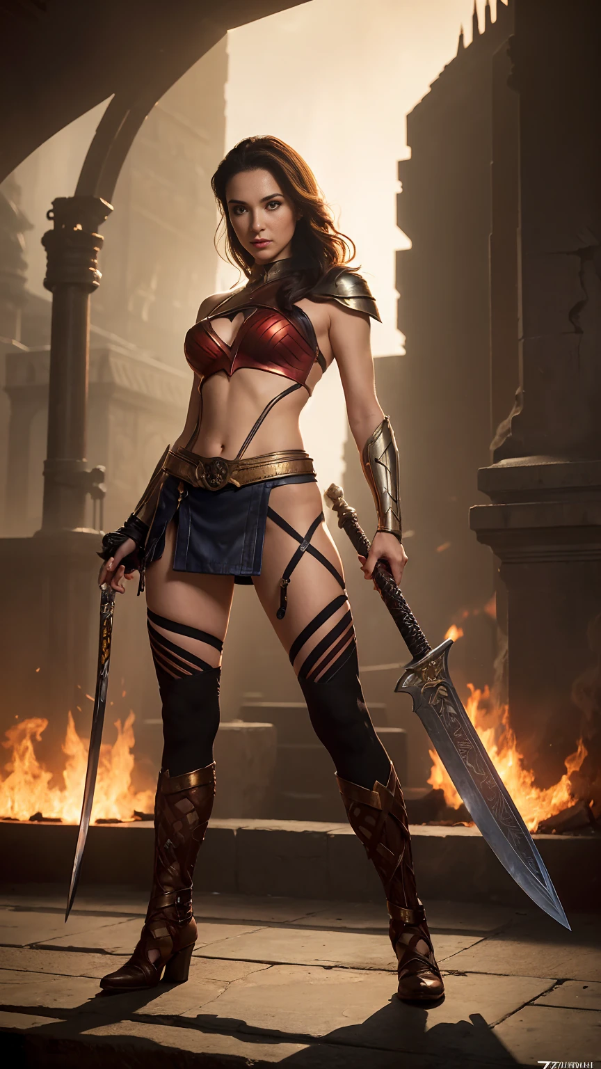 ((Full body photo, standing, feet on the ground)) a woman dressed as a warrior holding a sword, sexy painting of gal gadot, fishnet tights,, tyler edlin fantasy art, fantasy woman, gal gadot as hell lord, zenescope, a very beautiful berserker woman, magali villeneuve', as seen on artgerm, very beautiful female barbarian, artgerm julie bell beeple, 4k fantasy art