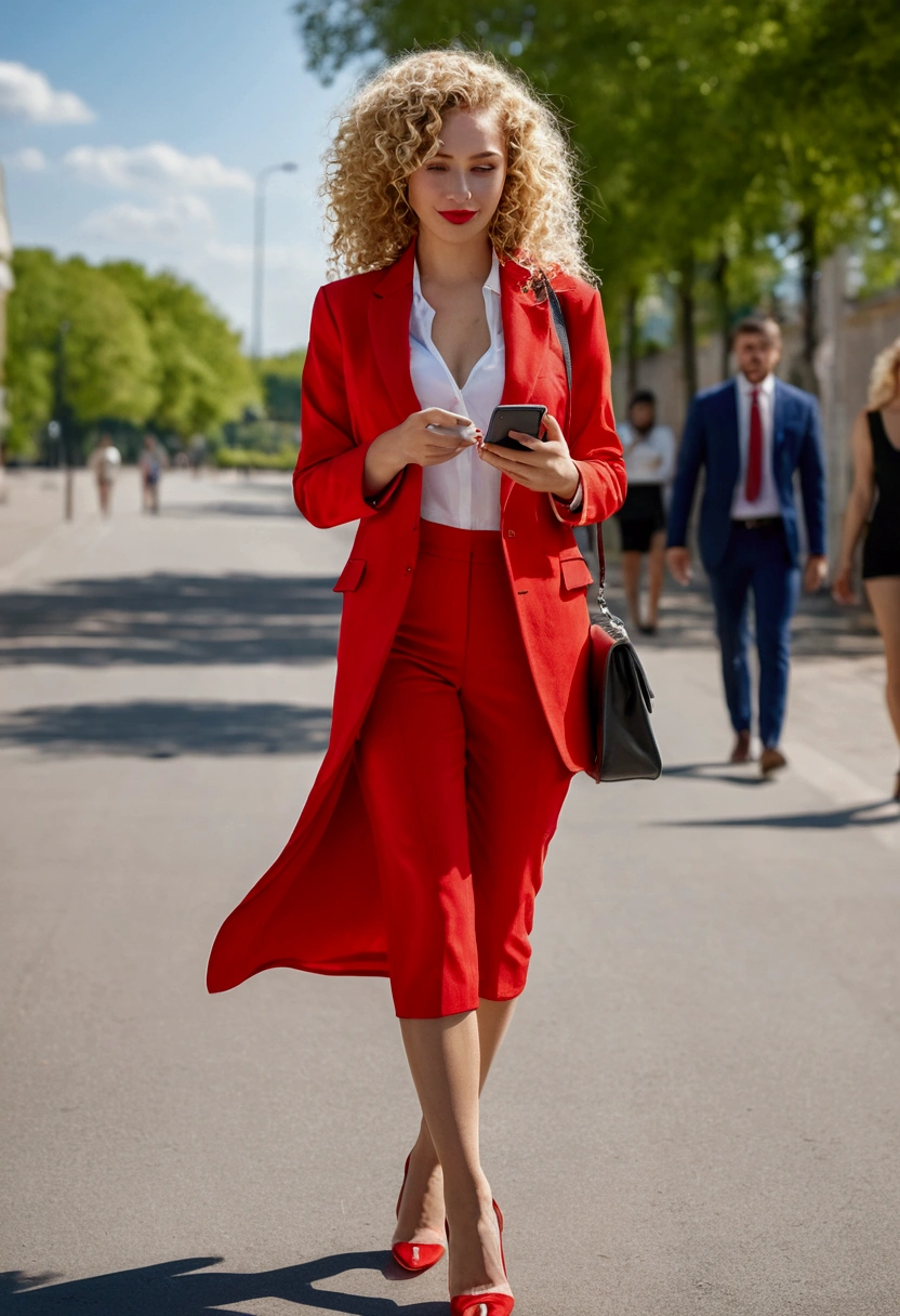High-quality realistic acrylic art, vivid colors, lateral point of view, a beautiful european woman with blonde curly hair, walking, looking at the viewer with suspicious face and a shy smile, red lips, holding a cell phone, wear summer suit and wedges shoes