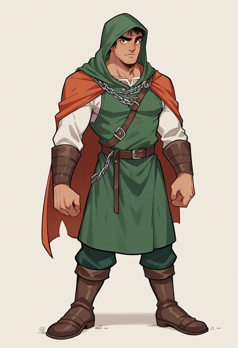 A young male dwarf of 16 years old with a mesomorphic build possesses olive skin and medium-length chestnut hair styled in an ordinary fashion. His square face is framed by wide, arched eyebrows and deep-set, almond-shaped eyes, giving him an intense, focused expression. He has full lips and a prominent, large Roman nose, complemented by a light stubble that hints at his maturity. Despite his youth, his appearance is marked by a few freckles, adding a touch of character to his rugged visage. Dressed in fantasy medieval attire, he wears a sturdy leather tunic adorned with intricate patterns, belted at the waist, paired with durable woolen trousers and knee-high boots. Over his tunic, he dons a chainmail vest for added protection, and a heavy, hooded cloak hangs from his shoulders, offering both warmth and an air of mystery. His attire reflects both his heritage and the practical demands of a life filled with adventure and toil.