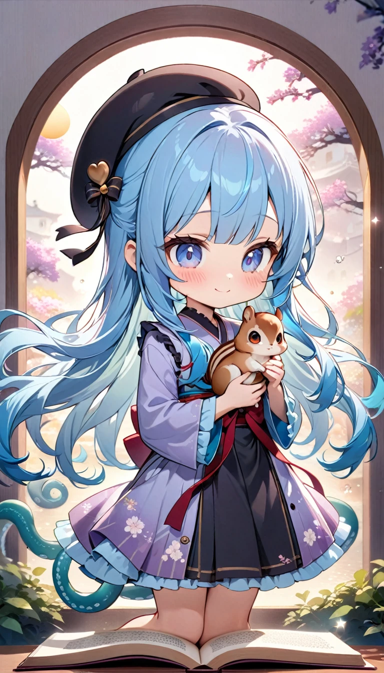 masterpiece, best quality, extremely detailed, (illustration, official art:1.1), 1 girl ,(((( light blue long hair)))), ,(((( light blue long hair)))),light blue hair, , long hair ((blush)) , cute face, big eyes, masterpiece, best quality,(((((a very delicate and beautiful girl))))),Amazing,beautiful detailed eyes,blunt bangs(((( delicate girl)))),tareme(true beautiful:1.2), sense of depth,dynamic angle,,,, affectionate smile, (true beautiful:1.2),,(tiny 1girl model:1.2),)(flat chest) ,((INFINITE GIRLS LINE UP A LOT CUTE CHIBI GIRLS、, playing squirrel on her hand,))There are acorns on top of the book, (Squirrel stealing acorns: 1.2),
, floating hair, (cute), big eyes, detailed eyes, (long hair),
(cute), cool, (kawaii), big eyes, detailed eyes,
(Polite Smile),
((young, baby fMagnificent Panorama View: 1.3),

best quality,
masterpiece,
(white mauve background, white mauve backdrop),
wind, overlooking,
Surprising a super cute moment, depth of field, 8k, 16k,
(girls with young),
((spoken heart)), be in heat,
((little kids)),
-style) bookbinding\)), (beret), (ribbon), ((frills)),
(affectionate contacts, physical contact, personal physical contact),
(YES YES), (THE GIRL ALWAYS LOOKS LOVELY),
(cute, (cool)), kawaii) ((cute, (cool)), kawaii)) ((cute, (cool)), kawaii)),
(keep it up), (hug:1.3),
((little girls)),
, flat chest, kawaii, skinny, outdoors, bokeh, beautiful detailed extremely illustration,
(masterpiece), (best quality:1.5), (insanely detailed),
looking at viewer,
(a lot chibis), chibi chibis, chibi chibis, chibi chibis, chibi chibis,
chibi chibis, chibi chibis, chibi chibis, chibi c
The girl's silhouette stands out against the backdrop of darkness, his serene expression bathed in soft moonlight. Long tentacles of hair cascade down the back, intertwined with the gentle sea breeze that caresses his face. Your closed eyes indicate a deep connection to the universe, as if his own thoughts harmonized with the whispers of the ocean waves.