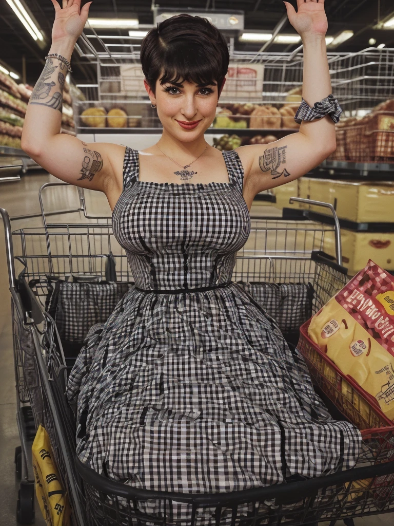 (background is an oversized grocery store aisle:1.3), 1girl, most beautiful woman ever, (doll-sized:1.4) (thicc:1.4) (blushing:1.3) (21 year old mayim bialik :1.2) wearing a (black 1950s gingham dress:1.5) and (sitting in oversized shopping cart with giant groceries:1.4) , (short pixie haircut:1.5), (aquiline nose:1.4), (tattooed:1.3), (arms raised towards the camera:1.4), (gigantic breasts:1.4),