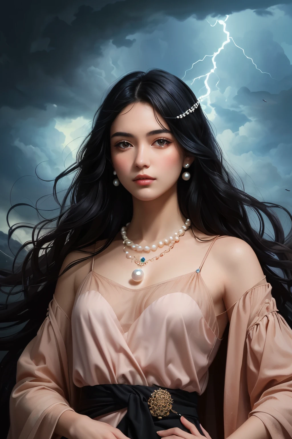 ((best quality)), ((masterpiece)), (detailed), A digital illustration of a young woman in peach color dress with long black hair wearing a pearl locket surrounded by dark storm clouds and monsters. She has a positive energy above her and a word Jimni girl is written at center