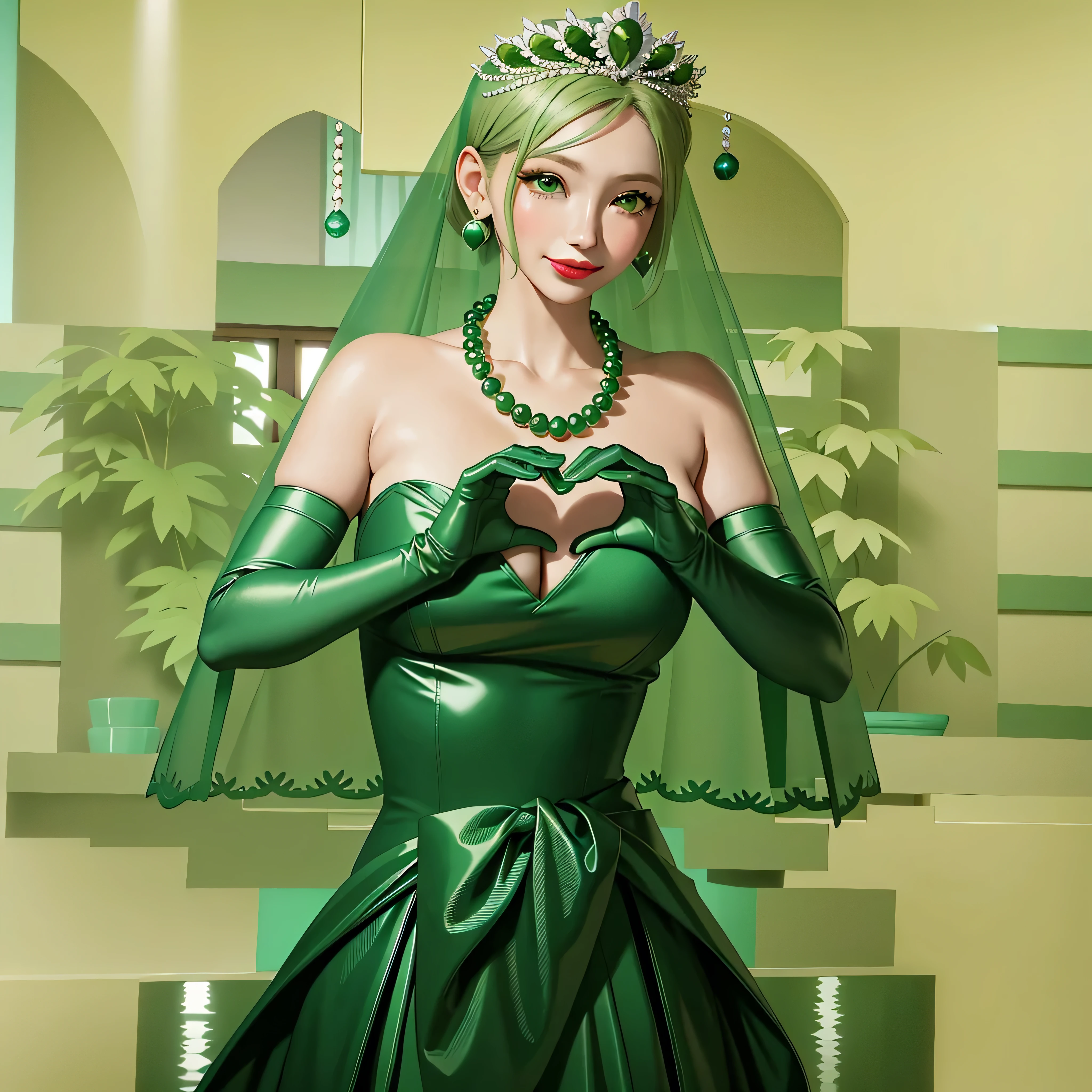 Emerald tiara, Green Pearl Necklace, Boyish very short green hair, Green Lips, Smiling Japanese woman, Very short hair,  beautiful lady, Green Eyes, Green satin long gloves, Green Eyes, Emerald Earrings, Green veil, Heart with both hands, Green Hair, Beautiful Japanese Woman, Heart shaped hands:1.3, green lip gloss