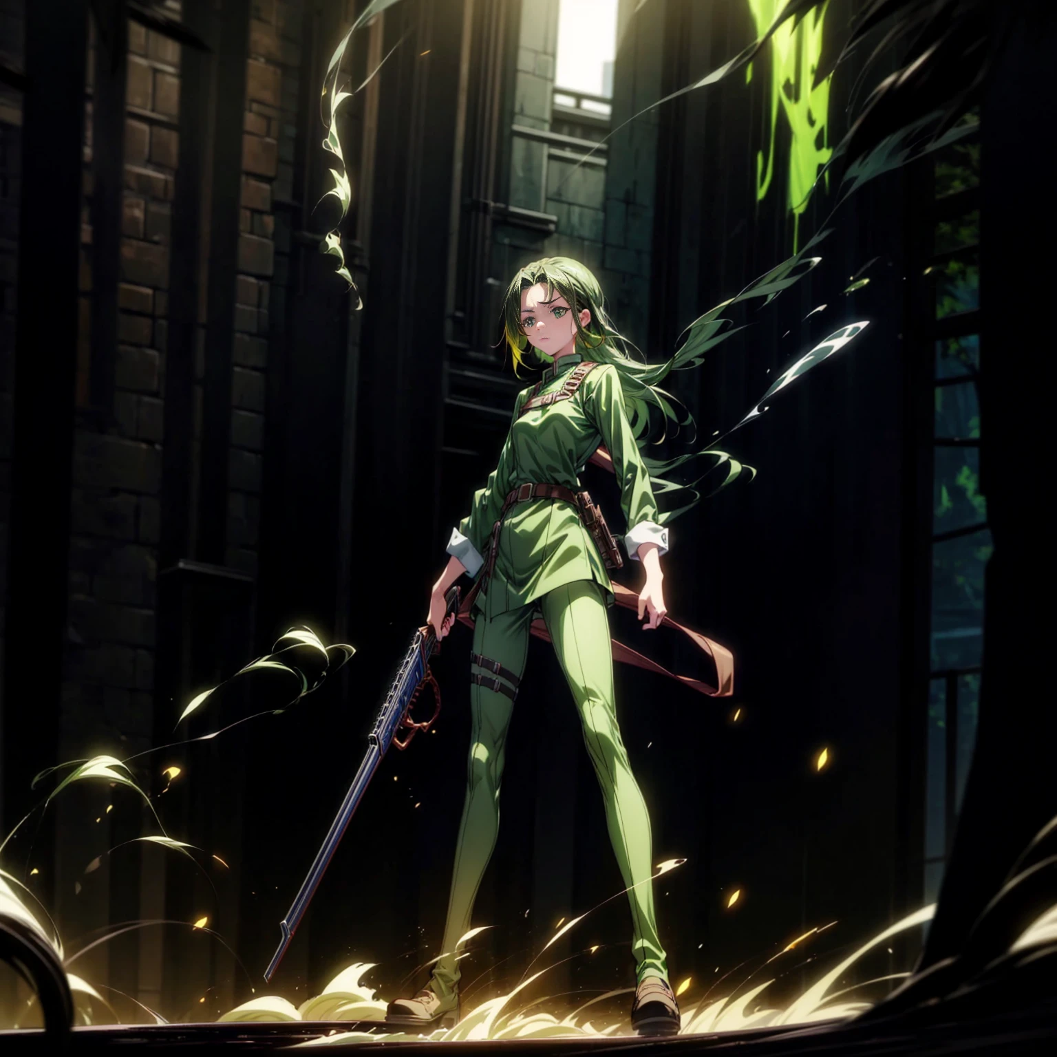 1girl, Full body version, 1character, green eyes, long haircut, green color hair, soldier style clothing, black color clothing, brown boots, Grassroots, background in city street, motion blur, lighting, (detective conan style art), standing gesture, shotgun in hand, fire effect, smoke effect,