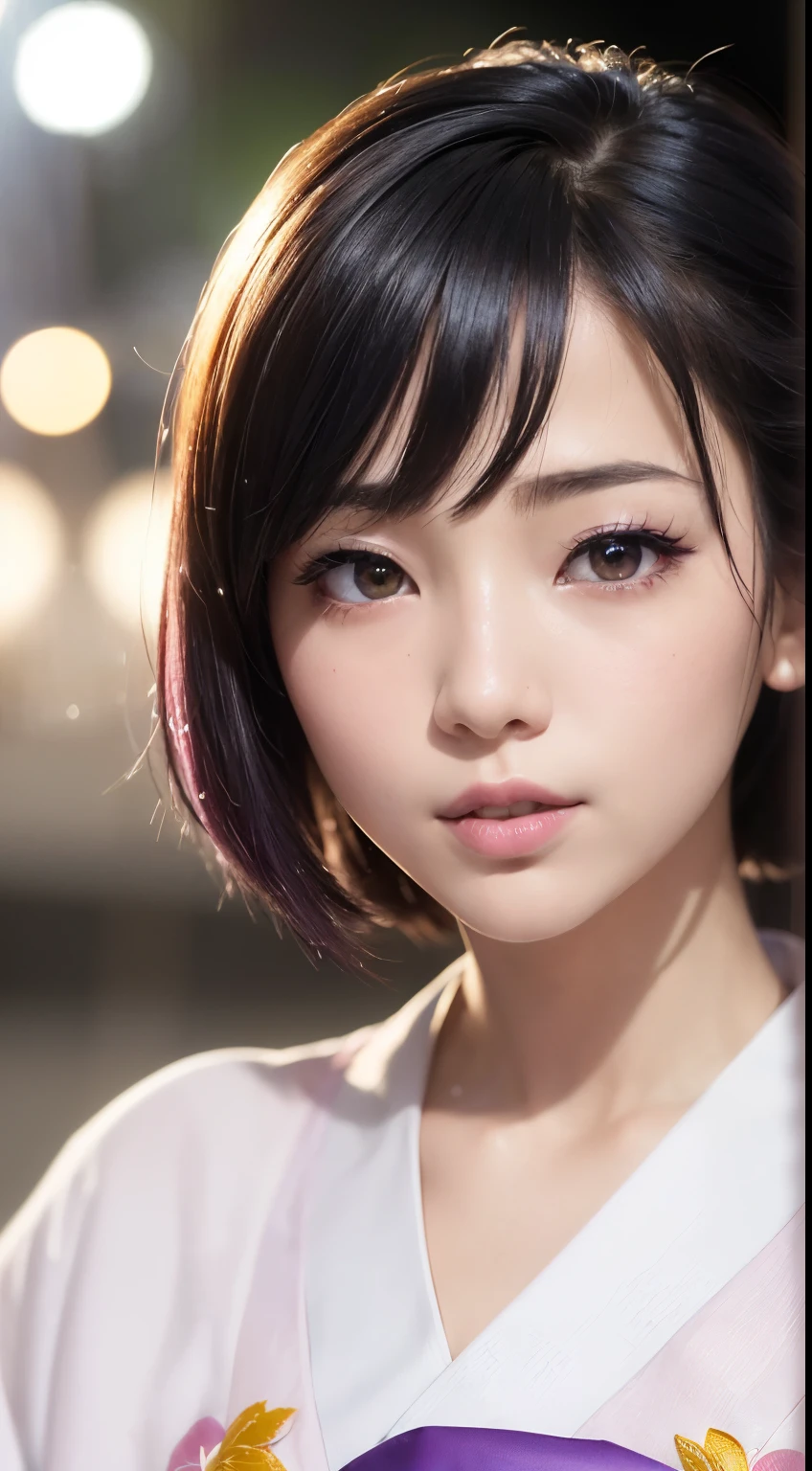 (logo、masterpiece、8k、Tabletop、RAW Photos、wonderful、最high quality、フォトリアリスティックでVery detailedな CG 複合 8k 壁紙、high quality、Very detailed、Narrative poem、Particle Effects、Dynamic Effects、Depth of the Boundary、Cinematic Light、Lens flare、Ray Tracing)、 (One beautiful woman wearing a yukata、White yukata、Light purple pattern)、Black-haired、High definition skin、Very fine、Fine skin texture、Beautiful Face、True Face、Beautiful details in the eyes、Realistic eyes、Beautifully detailed eyes、Realistic Skin、Beautiful Skin、Surreal、Smiling Eyes、Hair and light eyes、vivid、Colorful lights and bokeh、plump lower lip、Pink Lips、Hair flutters in Wind、Hair bounces、wonderful景色、night、evening、Wind、moonlight、moonlight、light
