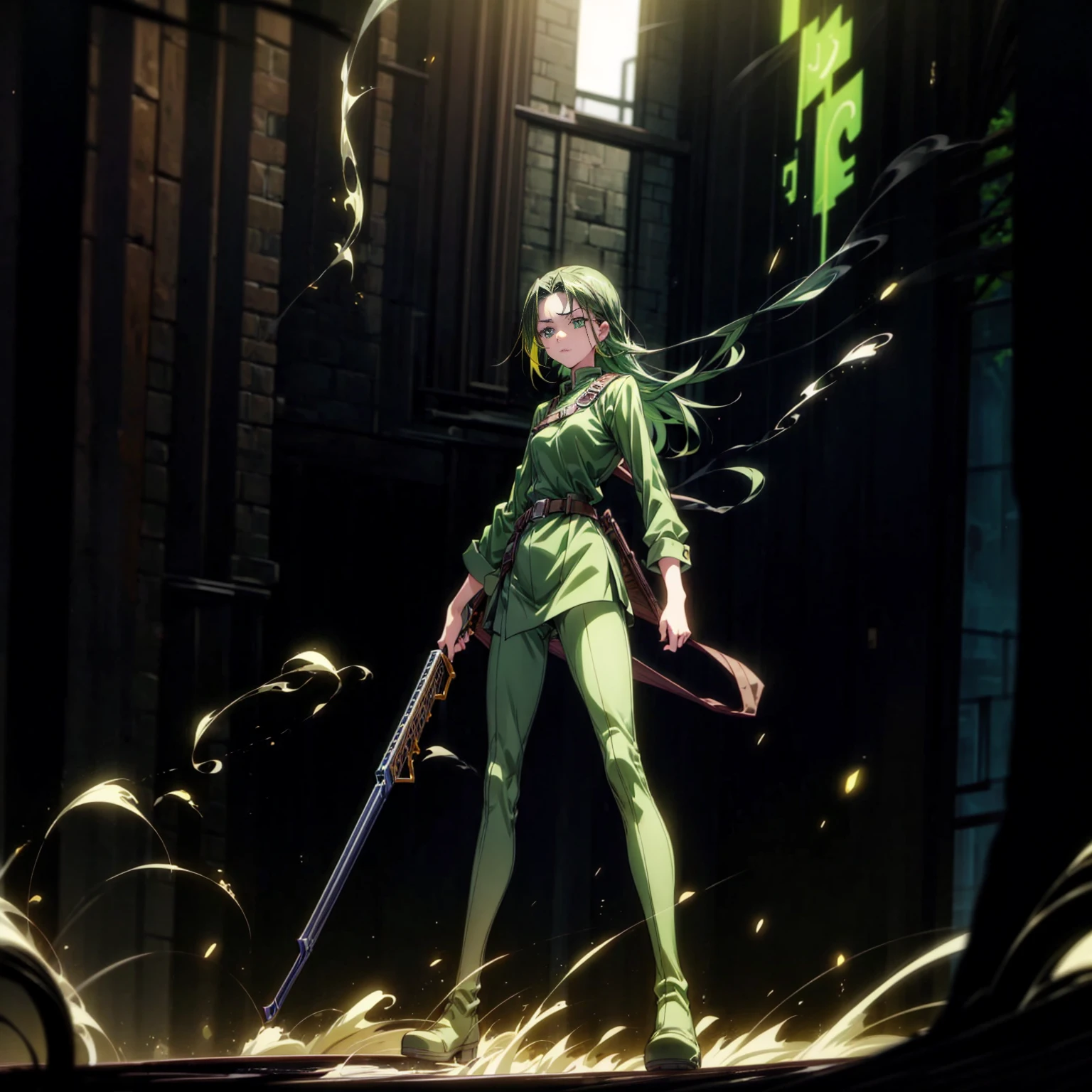 1girl, Full body version, 1character, green eyes, long haircut, green color hair, soldier style clothing, black color clothing, brown boots, Grassroots, background in city street, motion blur, lighting, (detective conan style art), standing gesture, shotgun in hand, fire effect, smoke effect, 