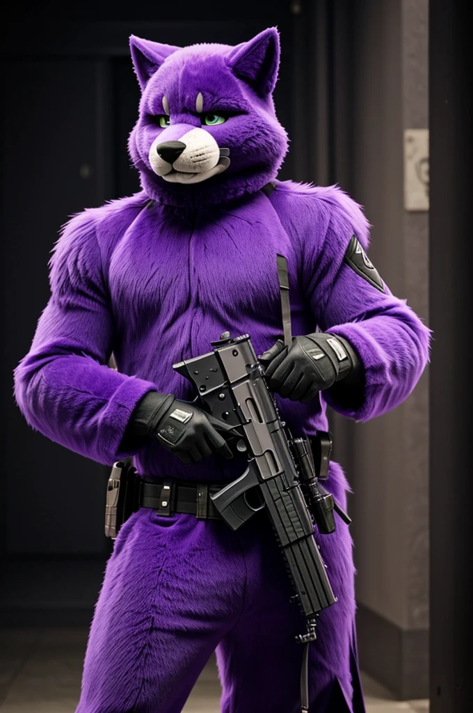 A furry that is purple, and has a gun