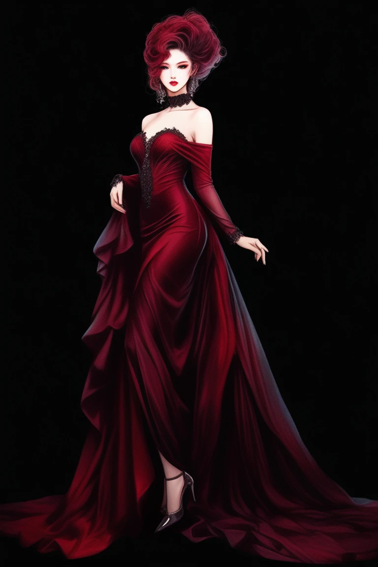 (Best quality, sketch:1.2),realistic,illustrator,anime,1 girl, detailed lips,custom, bad women, details, black and ruby gradient background,neon hair,Textured trim, masterpiece, retro classic style, [full length female mannequin, Sexy dress, silk dress, mercury dress, Astral dress, beautiful silky dress, Sexy dress, dark dress, Dark red clothes, revealing stylish dress, dark Astral dress, soft silk dress, elegant dark red dress, stylish dark dress, airbrush dark dress, fantasy dress, Baroque dress, extravagant dress] (photographic portrait)