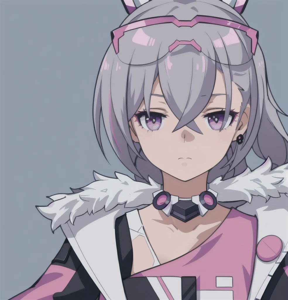 anime girl, bored expression, pink bubblegum, grey hair, silver wolf, white shirt, , 1girl, masterpiece, (beautiful and aesthetic:1. 5), thick black lineart, clean lineart, perfect lineart, variable lineart, clean anime outlines, intense line art, bold lineart, sharp lineart, best quality, high quality, best quality, ultra-detailed, colourful, saturated colours, dynamic lighting, HD,