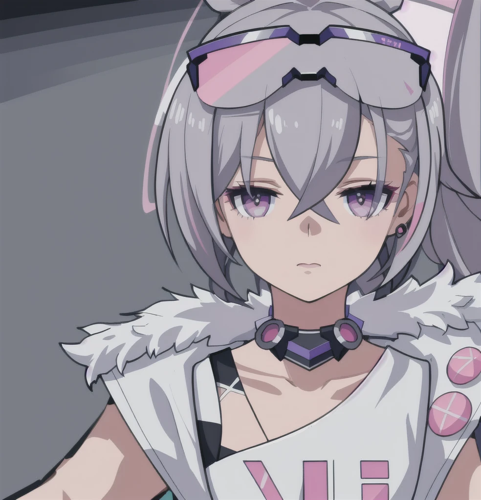 anime girl, bored expression, pink bubblegum, grey hair, silver wolf, white shirt, , 1girl, masterpiece, (beautiful and aesthetic:1. 5), thick black lineart, clean lineart, perfect lineart, variable lineart, clean anime outlines, intense line art, bold lineart, sharp lineart, best quality, high quality, best quality, ultra-detailed, colourful, saturated colours, dynamic lighting, HD,