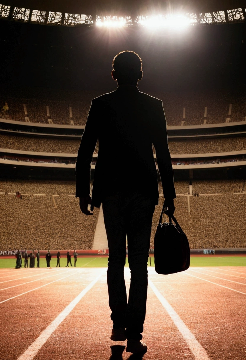 silhouette of a young man, entering a stapaldas stadium, with longer hair, a little messy 