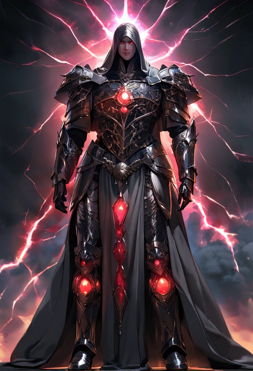 a thunder male god holding an bow arrow made of lightning, aiming with a sharp gaze, his red eyes gleaming with a cosmic aura, eyes detailed, his figure wearing a silver robe and armor, shrouded in the majestic light of a god, very detailed, legs detailed, face detailed, hands detailed, standing in the black cloud