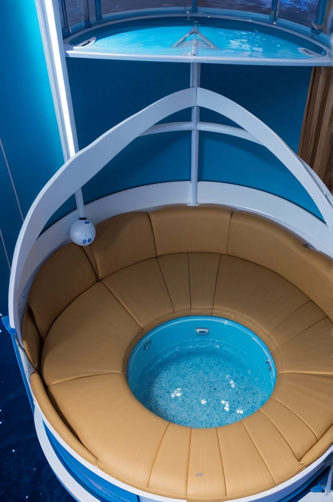 Blue Neon。In the sea。A bed in a round capsule。