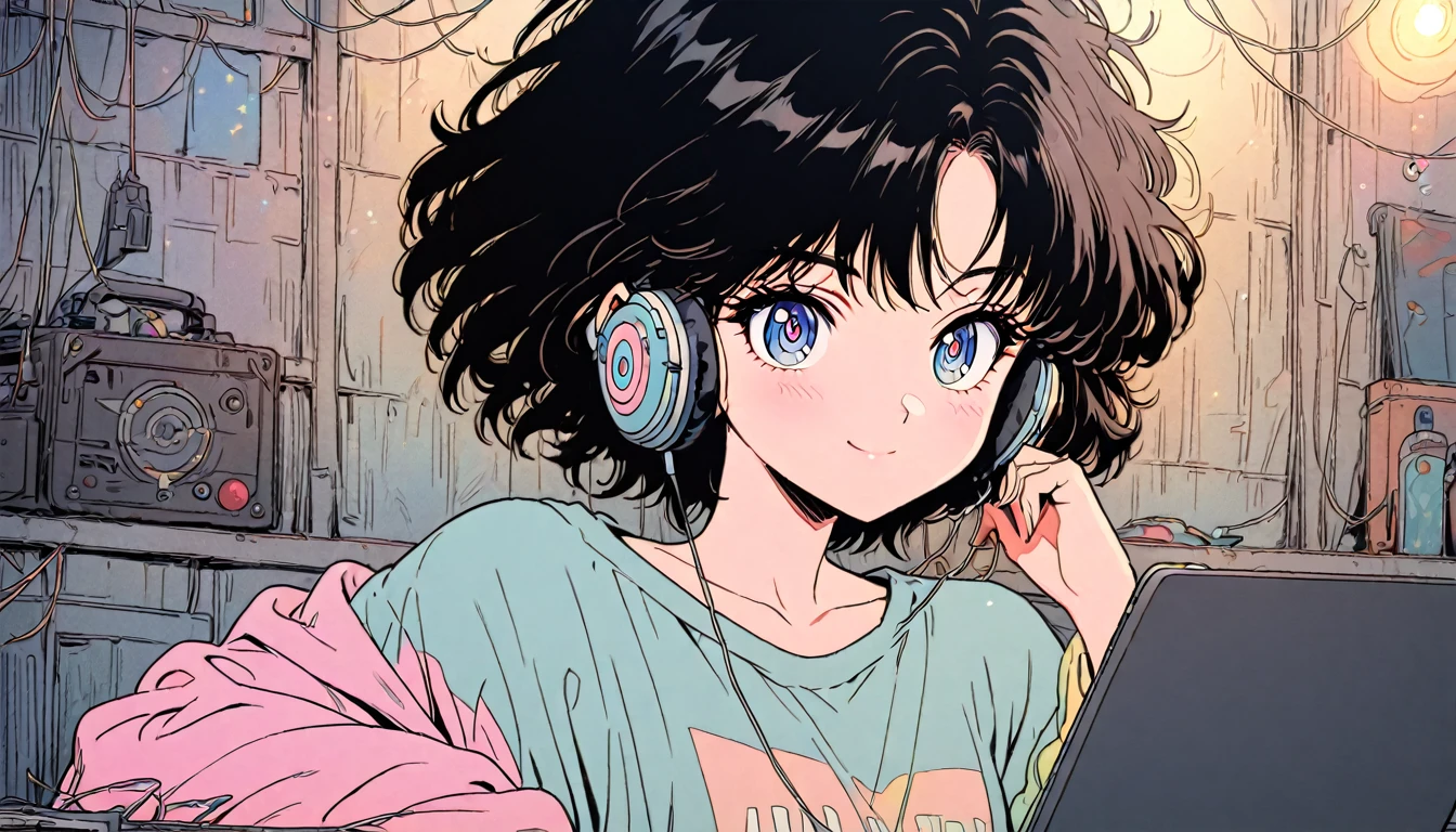 Beautiful 1girl, solo, gentle smile on her face flat chest, short hair, black hair, blue eyes, (detailed eyes), 8k photo portrait of a cool woman wearing headphones and pastel sweatshirt , working on laptop , Sitting on bed in big cozy messy room with many string lights at night , very detailed , Studio Ghibli , akira toriyama , Thiago Gillard , Impacto Genshin , The pixiv fan box is hot these days , acrylic palette knife , 4K , vivid colors , Shooting from a distance