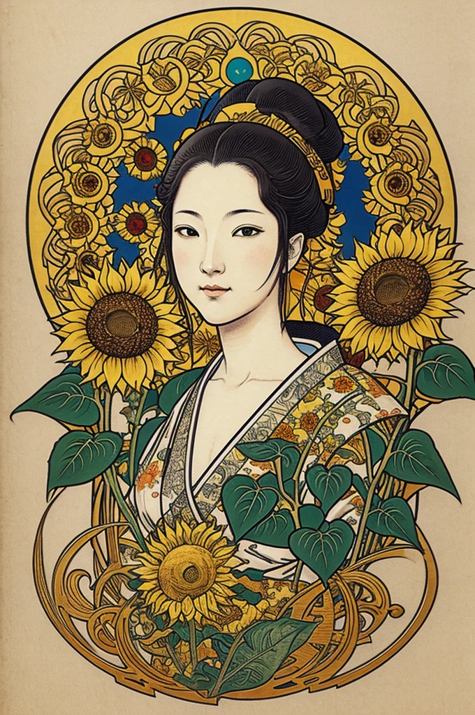 Sunflowers,Art Nouveau,Ukiyo-e,Fantasy,Logo,Yoshitaka Amano Styles