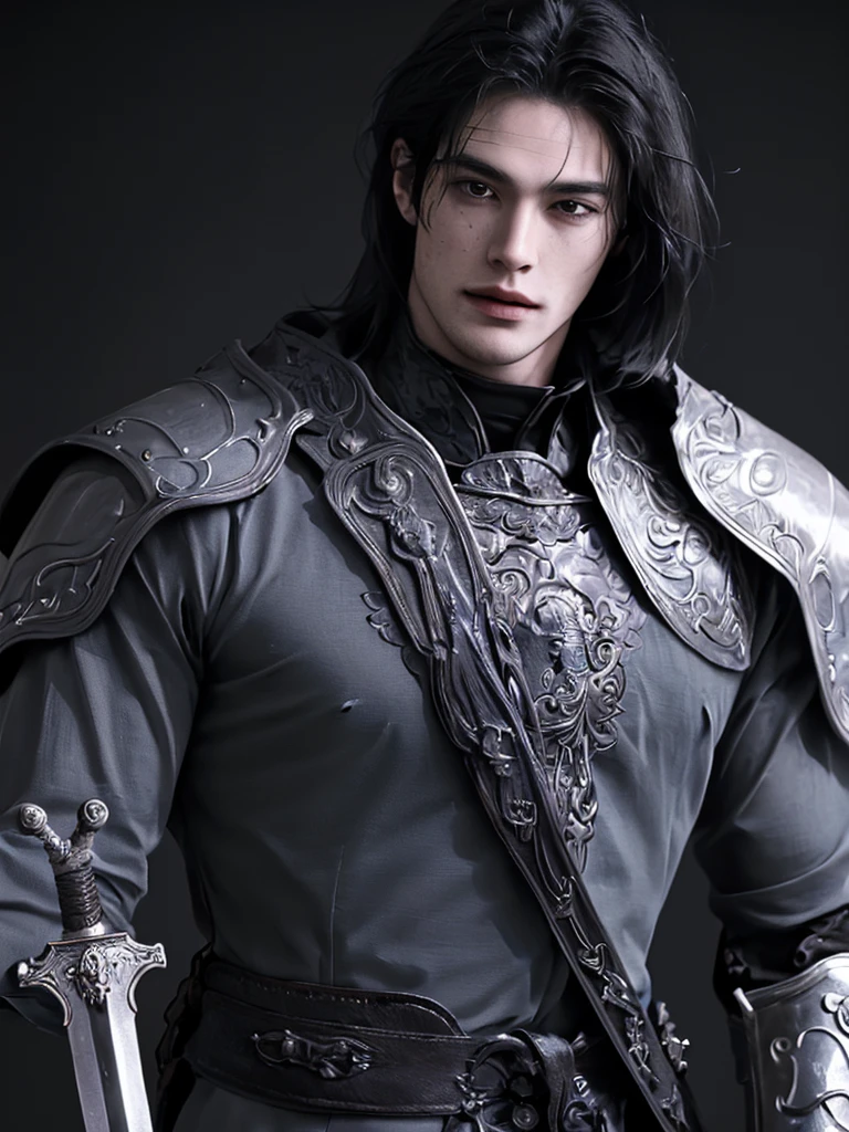 solo, handsome man, knight errant, looks at the viewer, In a horse, Strictness, knight in armor, Fantasy world, long hair, black hair, hair, high, Muscular and large, 22-25 years old, sword on hilt,