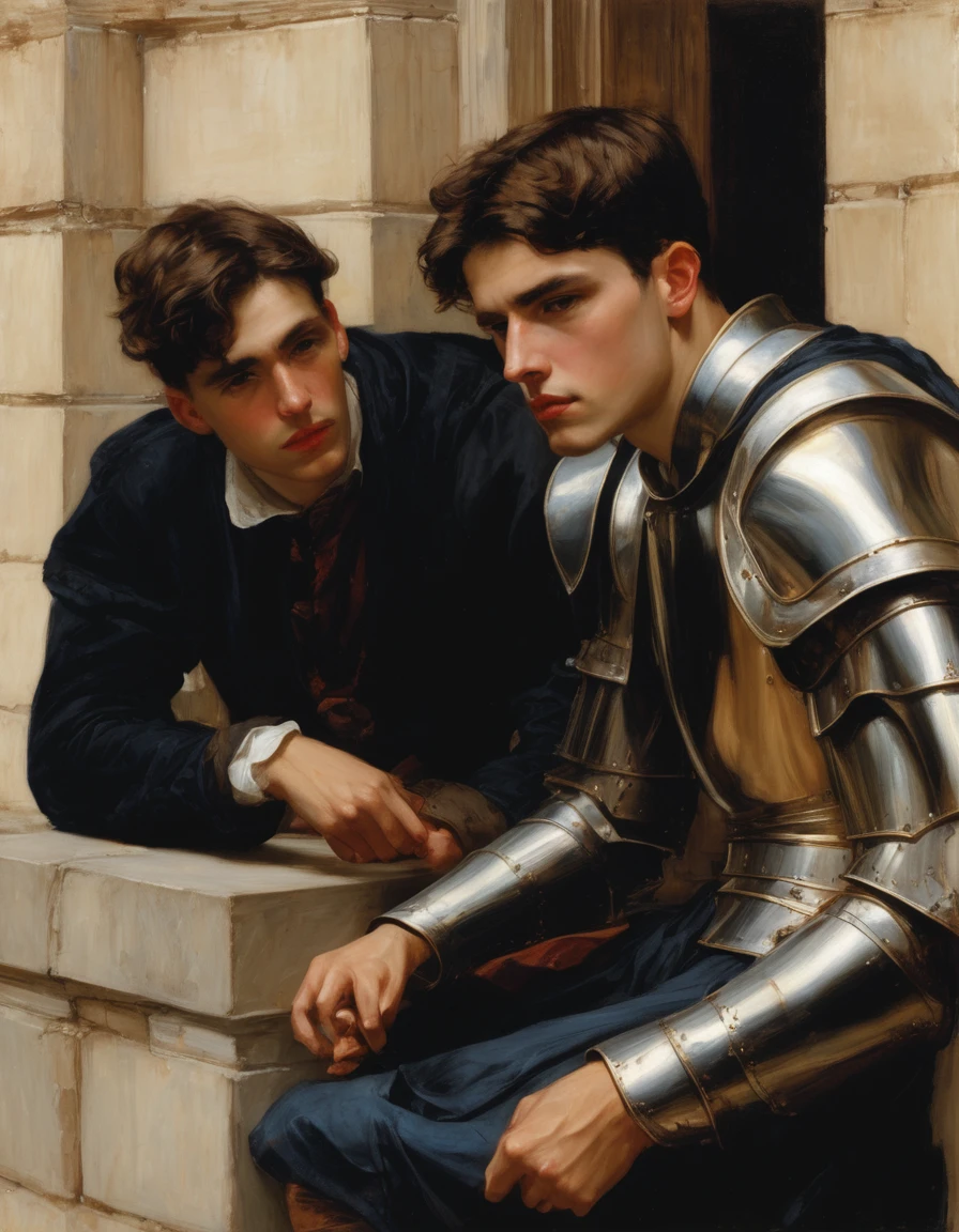 ((Masterpiece, best quality, oil painting)), (by John William Waterhouse, by J. C. Leyendecker), (((half body portrait of 2 young men, bored and frustrated knights, blushing, they are leaning lustfully against a wall, spying on someone from a distance))).