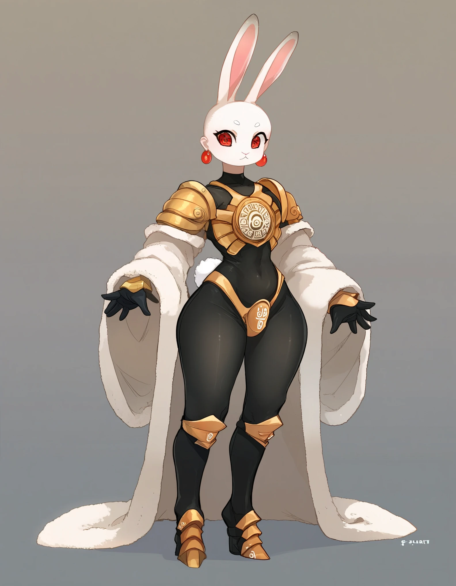 ((masterpiece)),(((Best quality))), full body, Tall slender girl, (Pale strong body:1.7), Amber Wizard, Robe with Arcane Glyphs, Mysterious glyphs cover the mantle, wide hips, broad shoulders, (Body, black tight armored clothing;:1.4), (bunny face:1.5) , (red expressive eyes), Earrings, source_anime,simple background, (blushing:0.5),