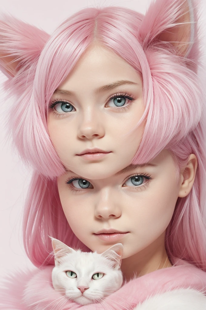 1 girl, pink fur, white eyes without pupil, pink clothing style, pink head box with white cat stikers on it