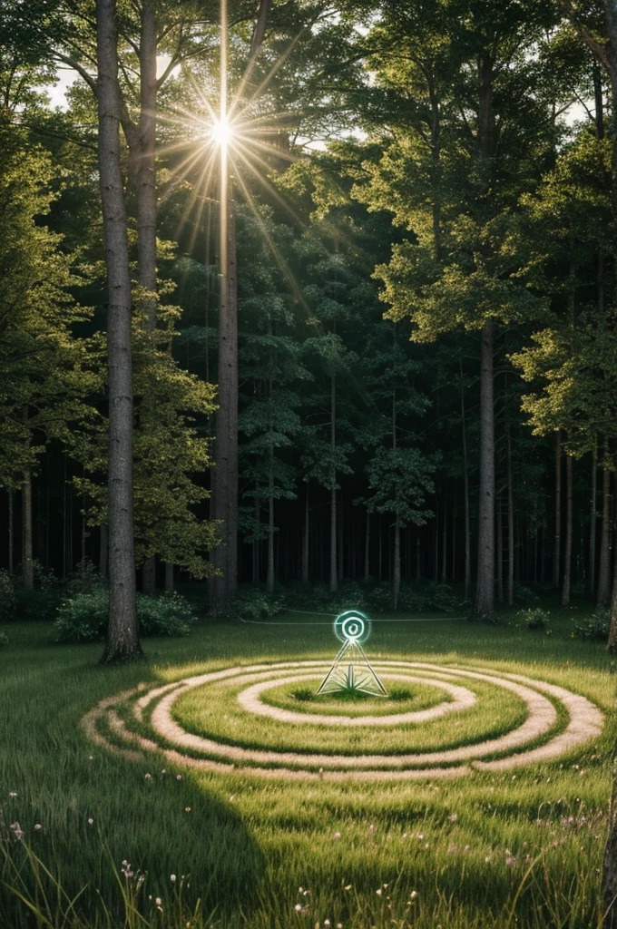 Generates an image of a circle of earth surrounded by green grass. Around the circle of earth, on the grass, distributes rune symbols in a circular pattern. Make sure the symbols appear lightly lit to give a mystical or magical appearance to the scene. The light in the forest must be dim, suggesting a calm and mysterious atmosphere.