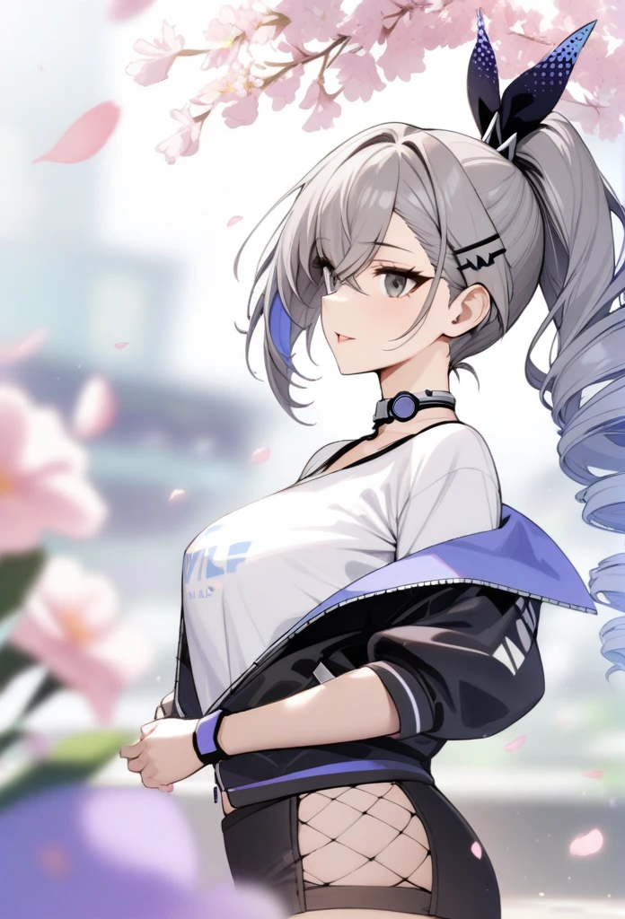 masterpiece, best quality, very aesthetic, absurdres, 1girl, mature_lady, ,silver_wolf, gray eyes, high ponytail,,surrounding by flowers,falling_petals, outdoors, petals,,,blur background,background defocus,floating hair,