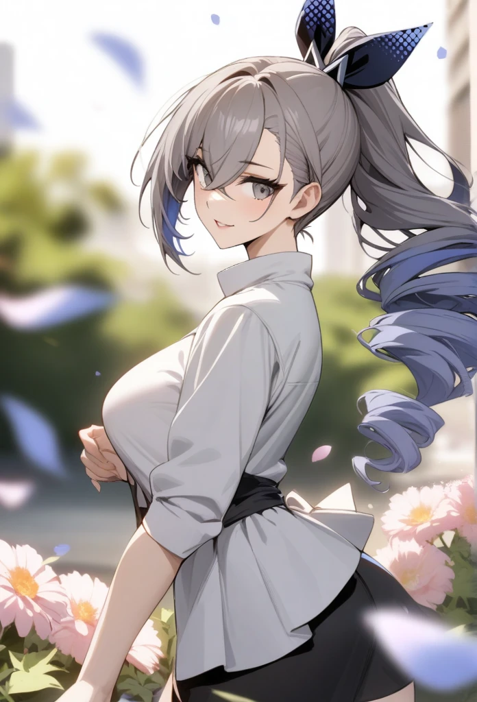 masterpiece, best quality, very aesthetic, absurdres, 1girl, mature_lady, ,silver_wolf, gray eyes, high ponytail,,surrounding by flowers,falling_petals, outdoors, petals,,,blur background,background defocus,floating hair,