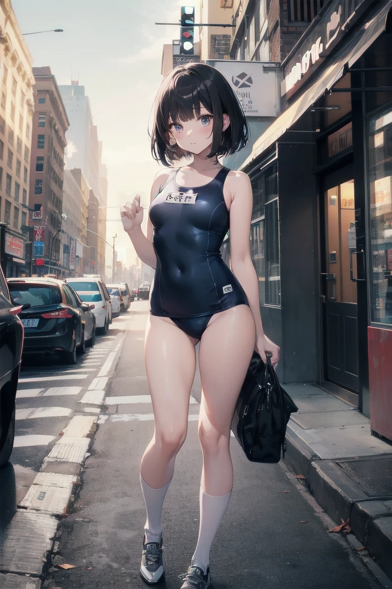 High quality, highest quality, full limbs, ultra high definition, bright eyes, drooping eyes, full hands and fingers, slender beauty, rounded medium breasts, princess cut, black hair, school swimsuit, white skin, knee-high socks knee, on a street in new york