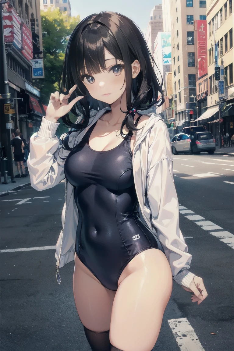 High quality, highest quality, full limbs, ultra high definition, bright eyes, drooping eyes, full hands and fingers, slender beauty, rounded medium breasts, princess cut, black hair, school swimsuit, white skin, knee-high socks knee, on a street in new york