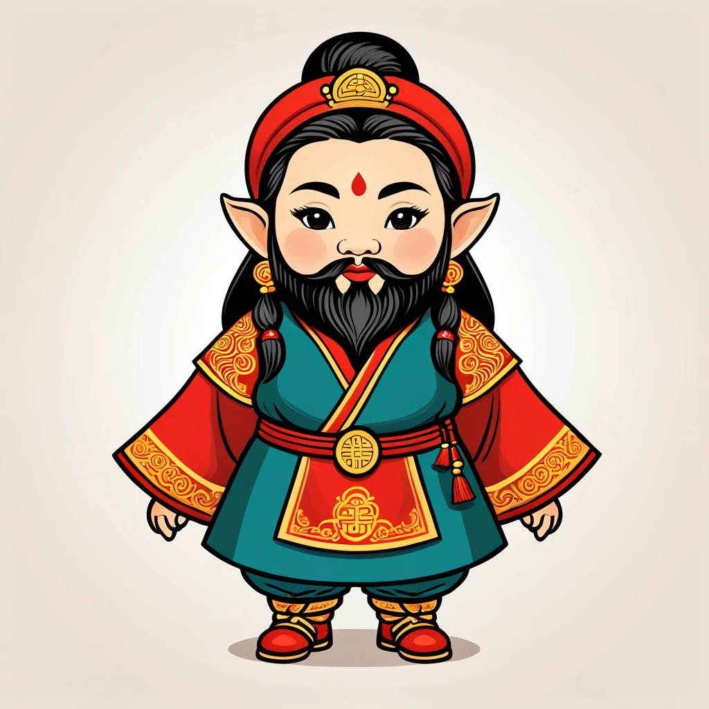 female dwarf in chinese folk outfit, vector graphics, strong contours, logo design