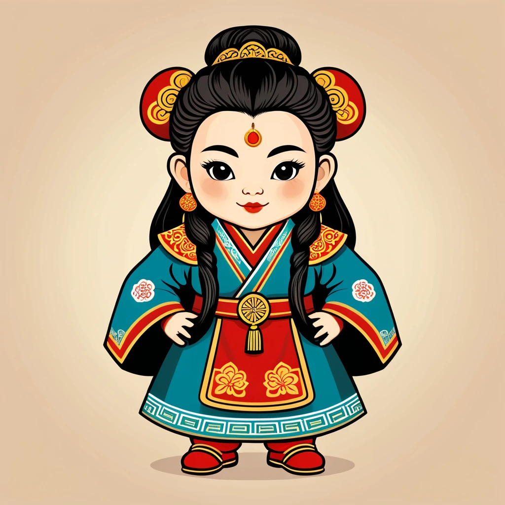 female dwarf in chinese folk outfit, vector graphics, strong contours, logo design