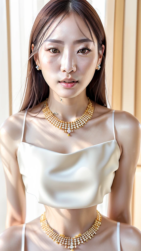 A Korean woman with long hair, smooth and dark, a pale skin, dark brown eyes, small-nose, small and fleshy mouth, wearing a designer dress and gold and diamond jewelry, small wrinkles and expression lines showing that you are an older person