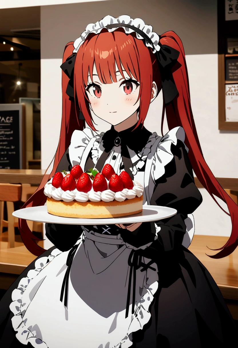 Promotional photo, the place is a coffee shop, 1 girl, 1m 26-year-old face, waitress carrying cake to the table, red-haired twin tails, gentle face, half costume of gothic ta and maid costume with the image of strawberries, clothes based on white,
