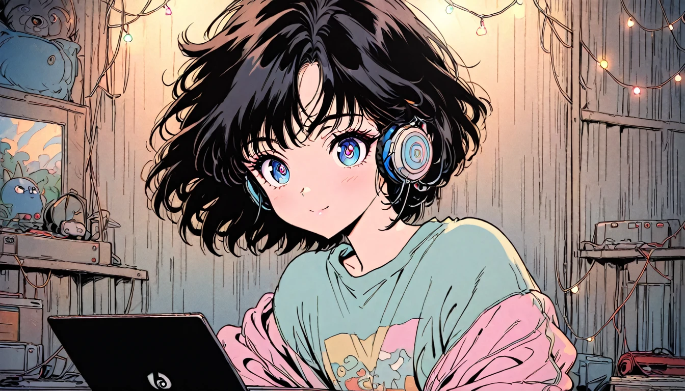 Beautiful 1girl, solo, gentle smile on her face flat chest, short hair, black hair, blue eyes, (detailed eyes), 8k photo portrait of a cool woman wearing headphones and pastel sweatshirt , working on laptop , Sitting on bed in big cozy messy room with many string lights at night , very detailed , Studio Ghibli , akira toriyama , Thiago Gillard , Impacto Genshin , The pixiv fan box is hot these days , acrylic palette knife , 4K , vivid colors , Shooting from a distance