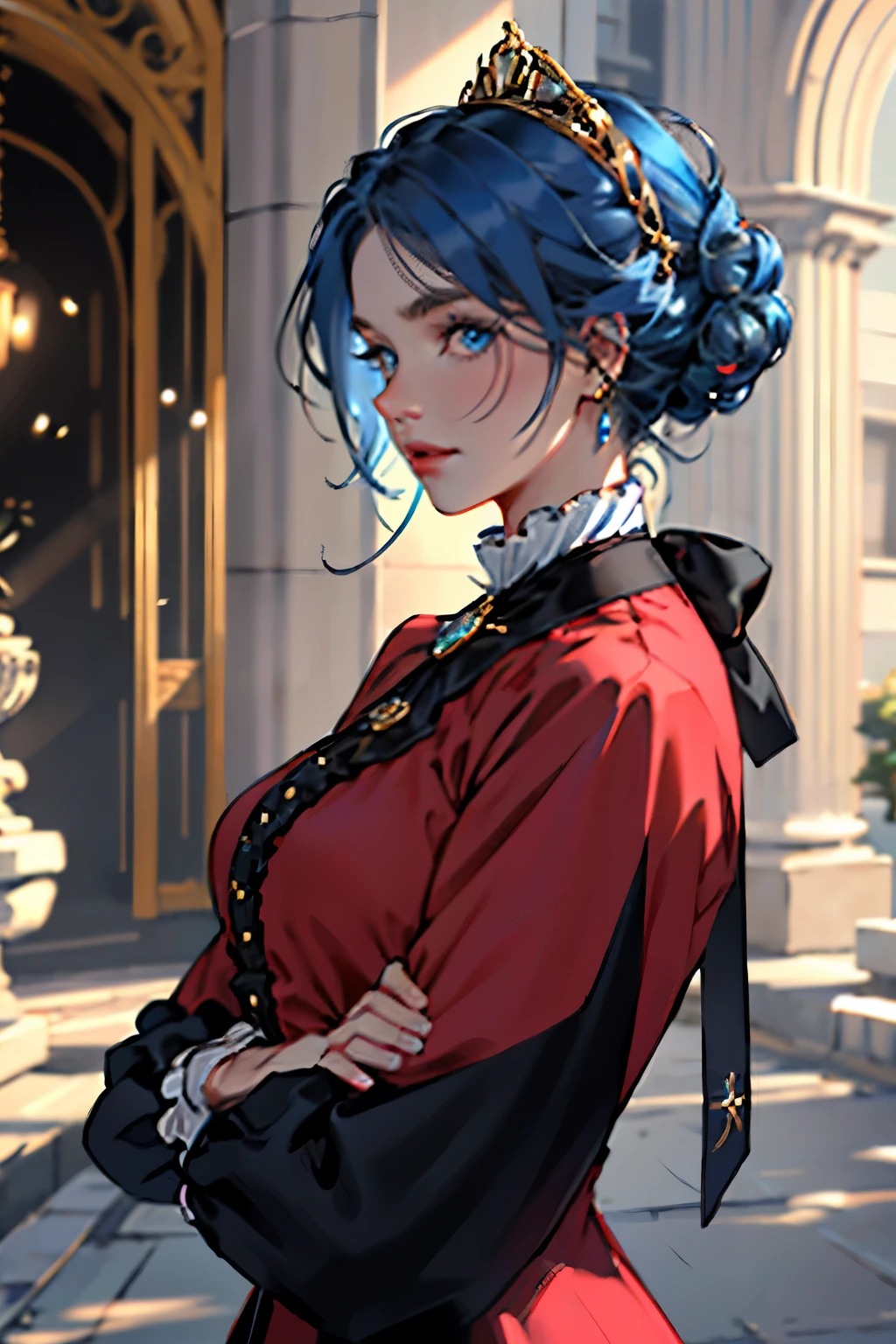 woman,, 50 years, blue hair, Blue eyes, an aristocratическая одежда, Smart Face, an aristocrat, gold elements on clothes, black and red clothes, European Clothing, Victorian era,