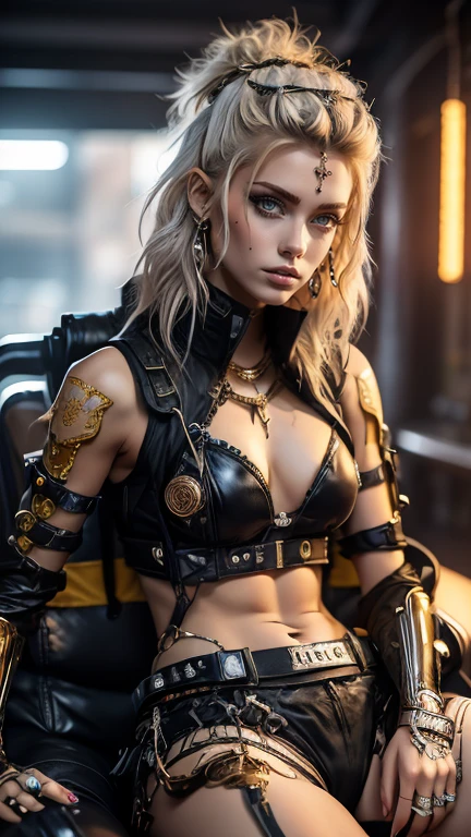 There is a sexy Indian woman with a steam powered dark skin, with tall, royal look, street punk concept art, sexy full body view from top to bottom, sitting on the queen chair, small angle, slim body, stunning beauty, exhilarating, comprehensive cinematic, 8k, cinematic lighting, best quality, 4k, fog background ,arte street punk digital, arte street punk urban urban area, Wojtek FUS, arte digital steampunk, detailed wild steampunk illustration, portrait of a woman with gold and copper chains, arte street punk, estilo de arte dieselpunk, cyberpunk street punk, street punk fantasy style, highly detailed 4K digital art, sci-fi street punk, clear elastic eyes