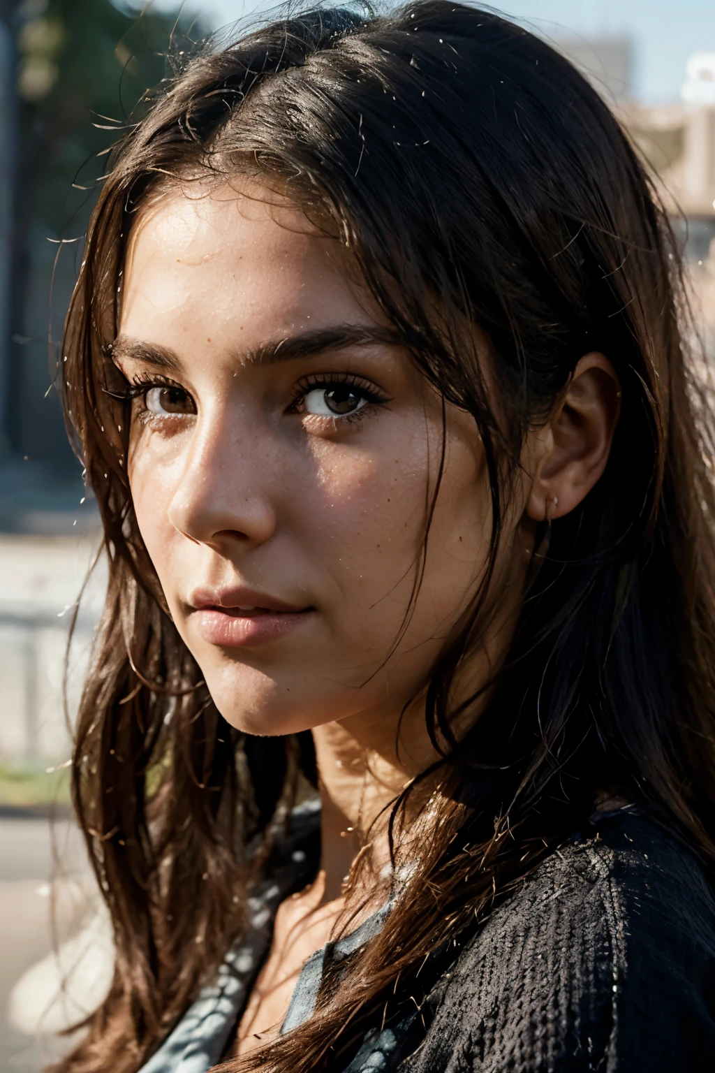 A realistic portrait of RAQUEL, Lia's sister with her very dark and long hair, front view, frontal view of her face, looking straight ahead, against a softly blurred background, captured in natural light, highly detailed, 8k resolution, cinematic lighting, realism, photorealism, hyperrealism, professional photography, uhd