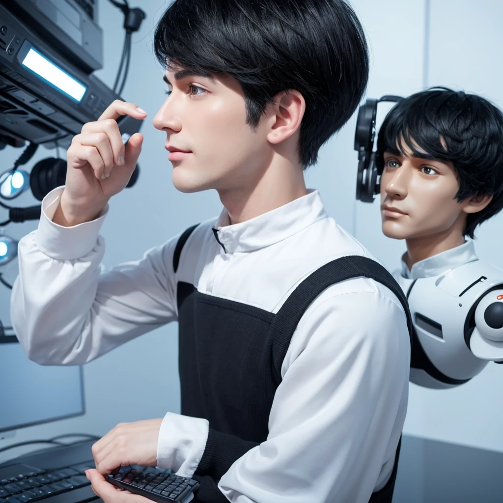 Create a white man with black hair who seems to know a lot about technology. Super cute style, 3d cartoon
