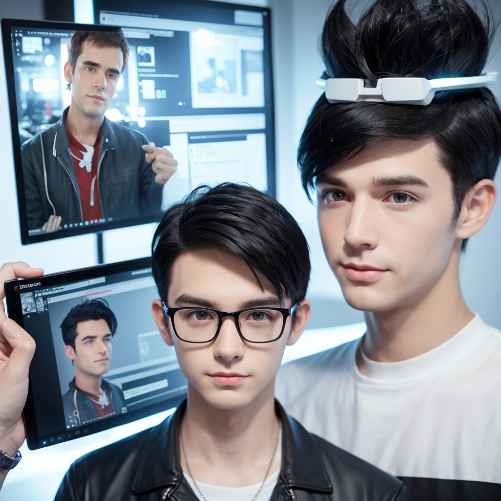 Create a white man with black hair who seems to know a lot about technology. Super cute style, 3d cartoon