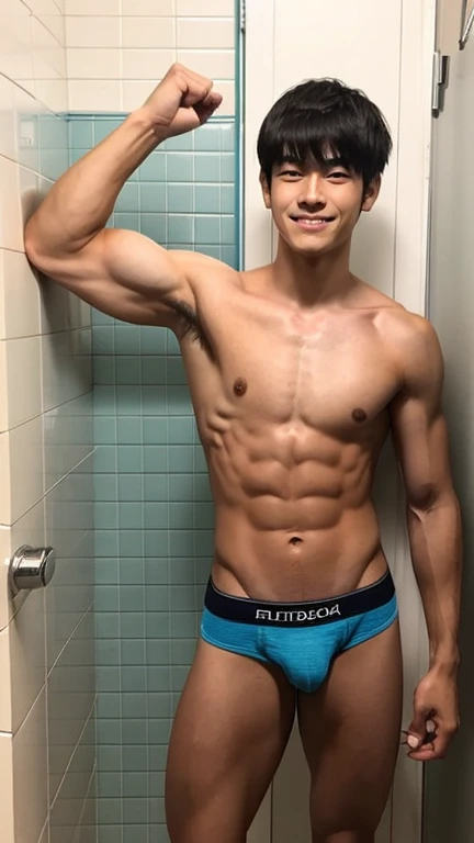 Japanese men、、Well-developed muscles and smooth skin、Very short black hair、Relaxed smile、Boxer briefs、the whole body looks good、Fist pump in the bathroom、Anatomically correct body、