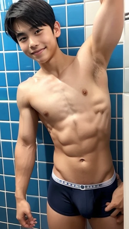 Japanese men、、Well-developed muscles and smooth skin、Very short black hair、Relaxed smile、Boxer briefs、the whole body looks good、Fist pump in the bathroom、Anatomically correct body、