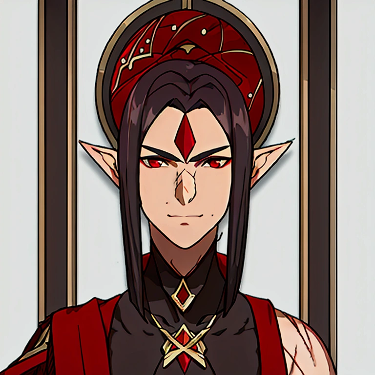masterpiece, best quality, simple background, portrait, solo, 1boy, 40 years, man, tall, muscular man, black and red hair, bare shoulder, slightly swarthy skin tone, small scars on the body, wide shoulders, muscular body, unique pointed ears