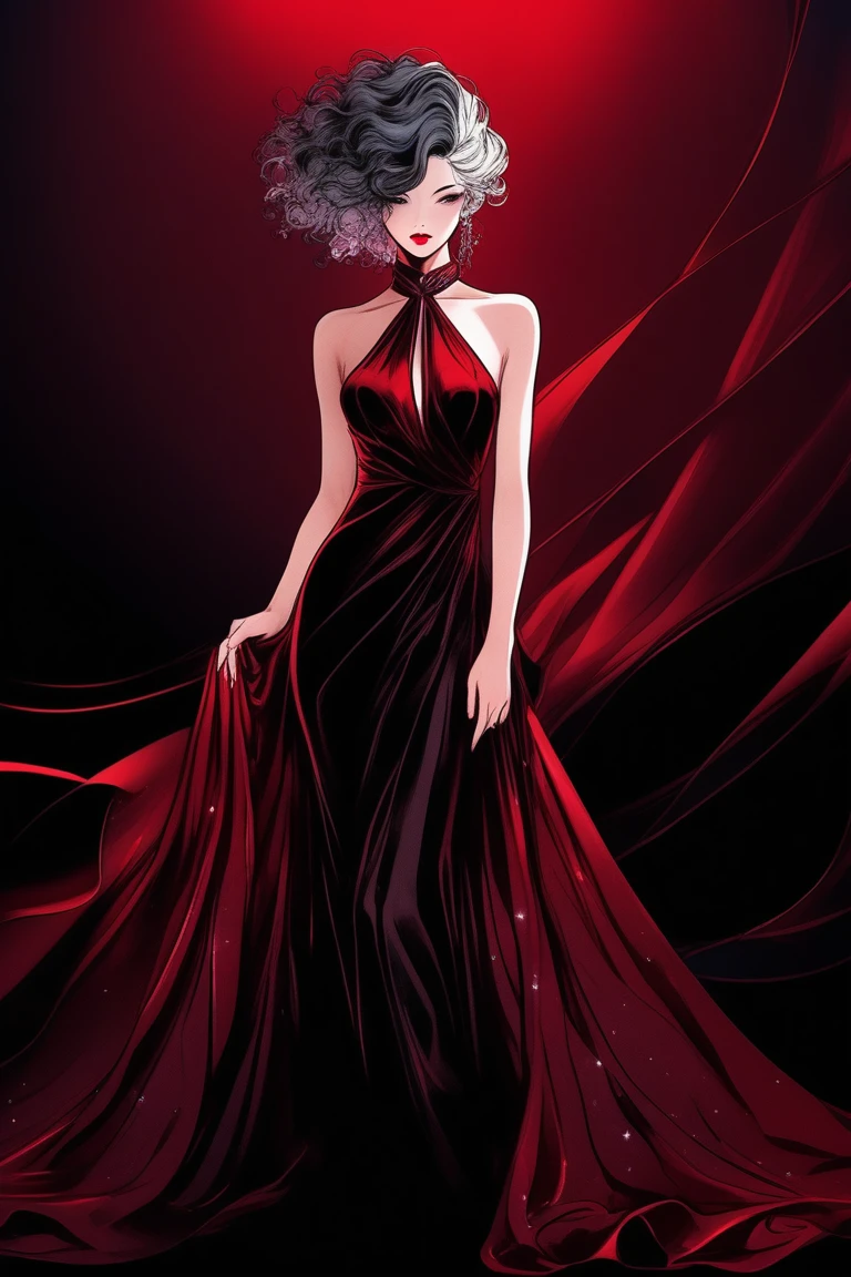 (Best quality, sketch:1.2),realistic,illustrator,anime,1 girl, detailed lips,custom, bad women, details, black and ruby gradient background,neon hair,Textured trim, masterpiece, retro classic style, [full length female mannequin, Sexy dress, silk dress, mercury dress, Astral dress, beautiful silky dress, Sexy dress, Dark red clothes, revealing stylish dress, dark Astral dress, soft silk dress, elegant dark red dress, stylish dark dress, extravagant dress] (photographic portrait)